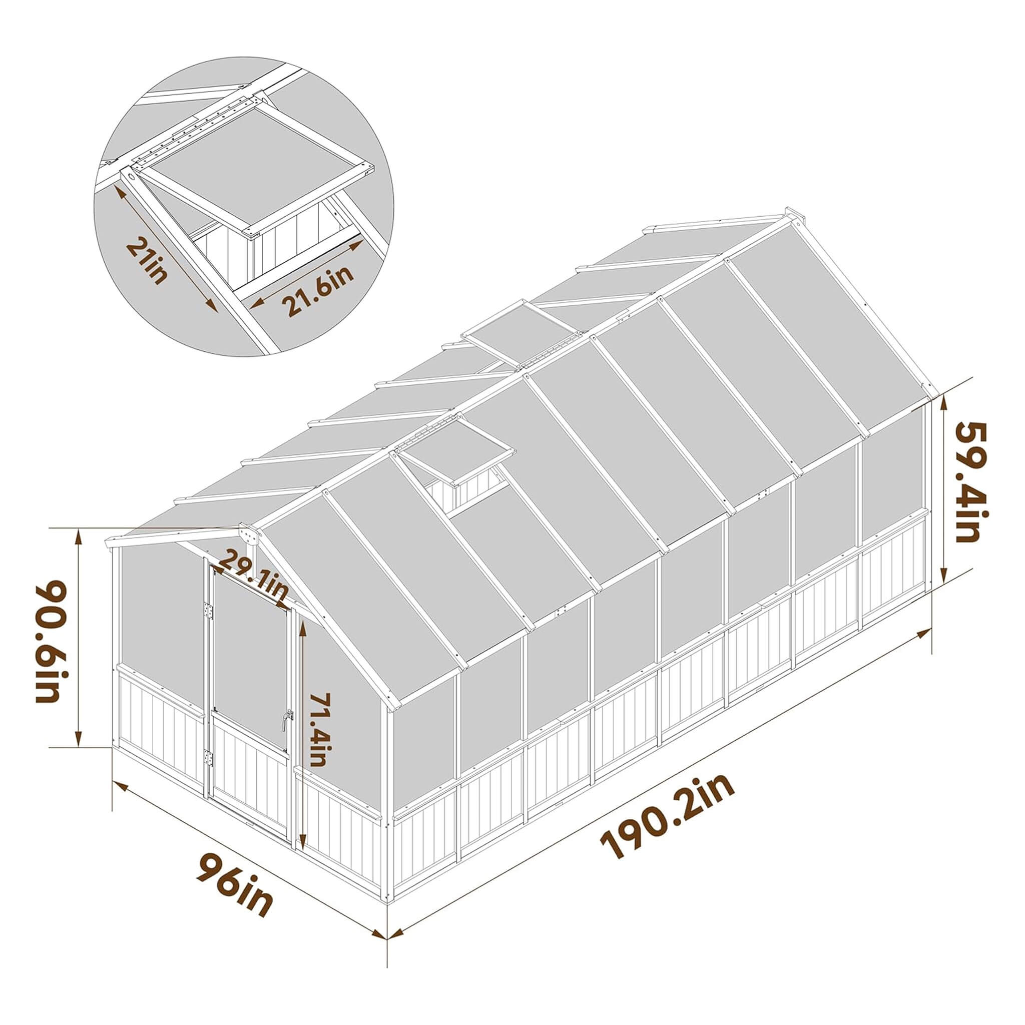 8X16 FT Large Heavy-Duty Outdoor Wooden Greenhouse With 6MM Polycarbonate Panels And Vent Roof (SAK18467)