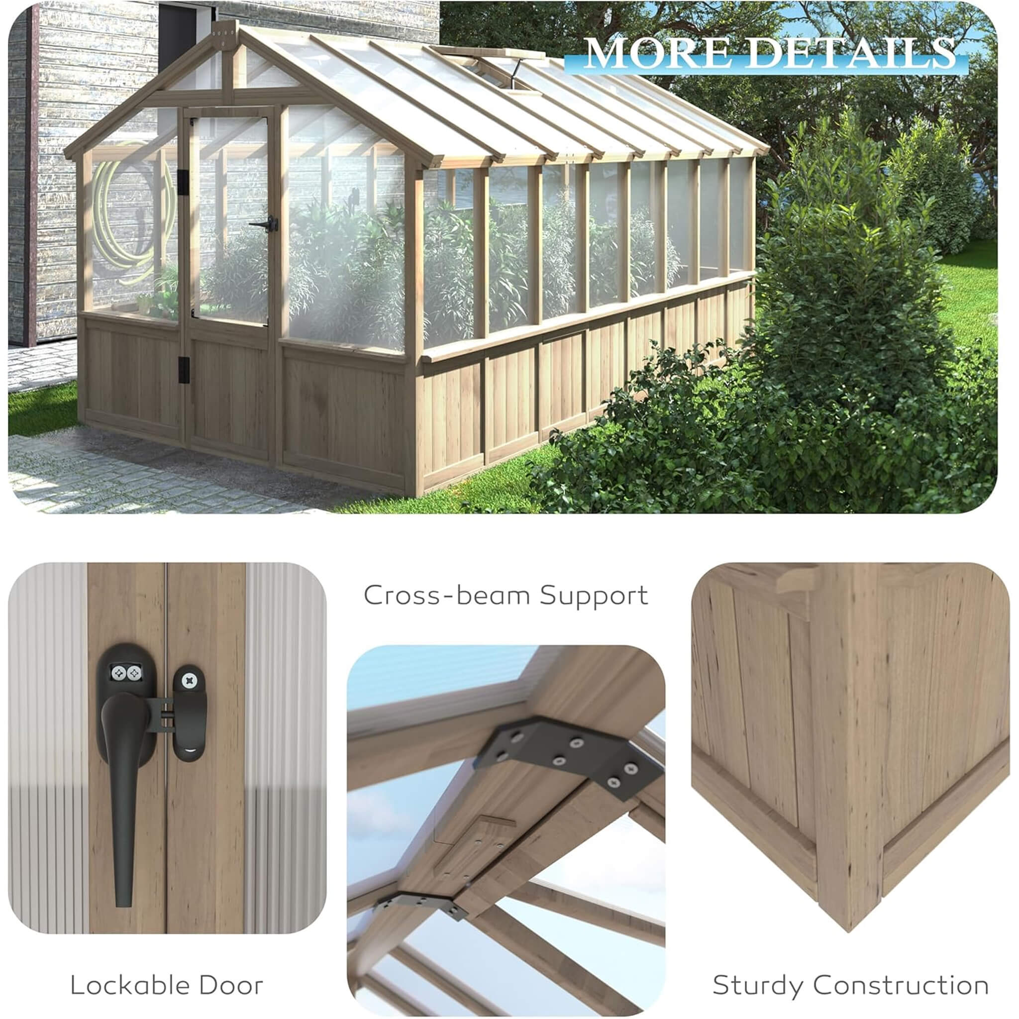 8X16 FT Large Heavy-Duty Outdoor Wooden Greenhouse With 6MM Polycarbonate Panels And Vent Roof (SAK18467)