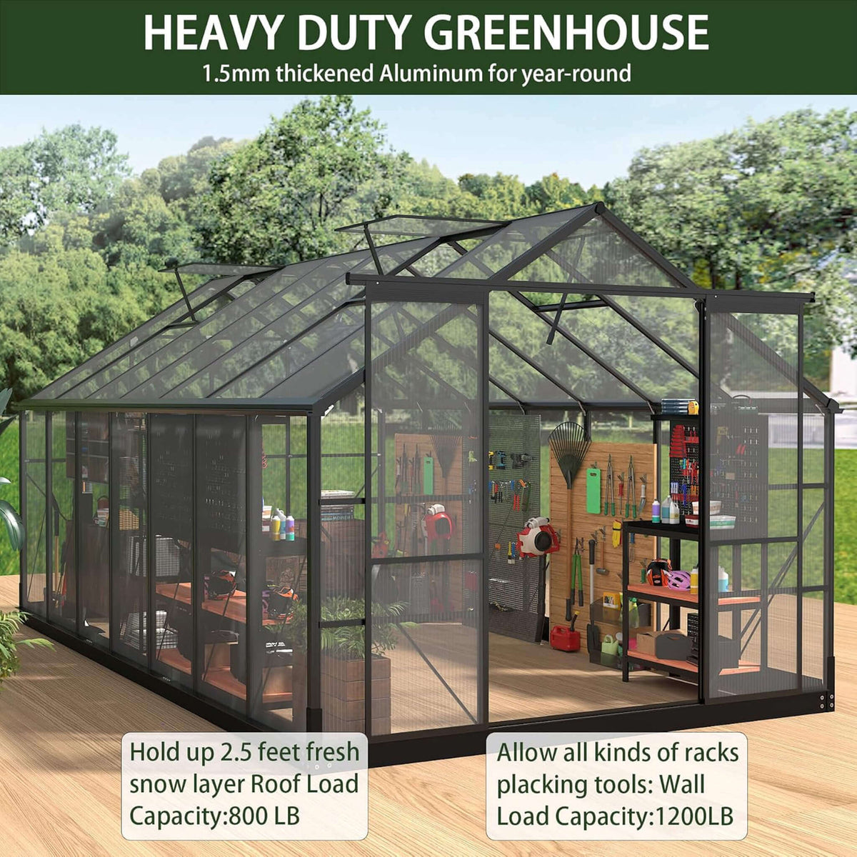 8X16 FT Premium Outdoor Walk-In Polycarbonate Greenhouse With Roof Vents & Sliding Doors, 4MM
