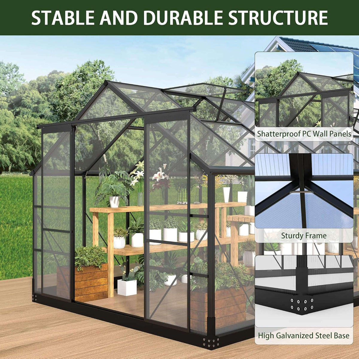 8X16 FT Premium Outdoor Walk-In Polycarbonate Greenhouse With Roof Vents & Sliding Doors, 4MM