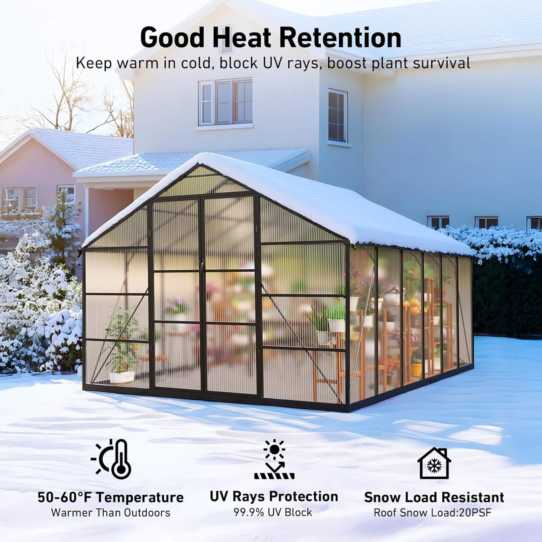 10X12 FT Outdoor Polycarbonate Aluminum Greenhouse With UV Protection And Thermometer (SAK59183)