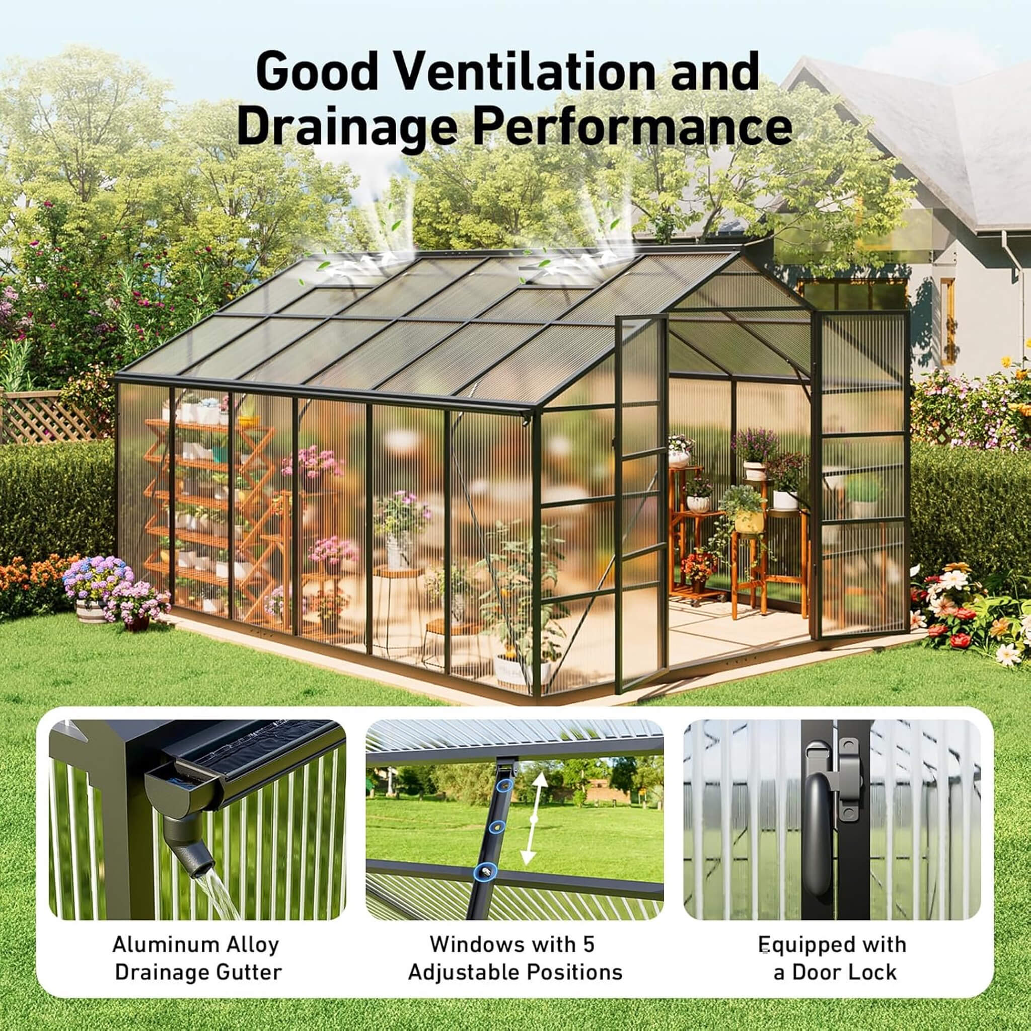 10X12 FT Outdoor Polycarbonate Aluminum Greenhouse With UV Protection And Thermometer (SAK59183)