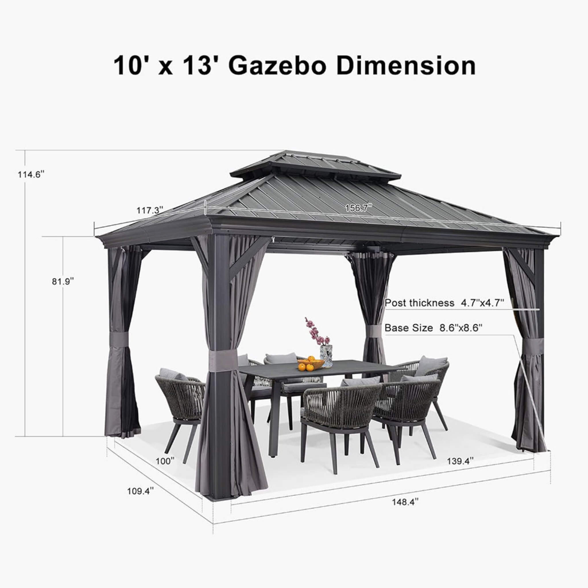 10X13 FT Alora Large Premium Outdoor Hardtop Aluminum Gazebo W/ Galvanized Steel Double Roof (SAK74826)