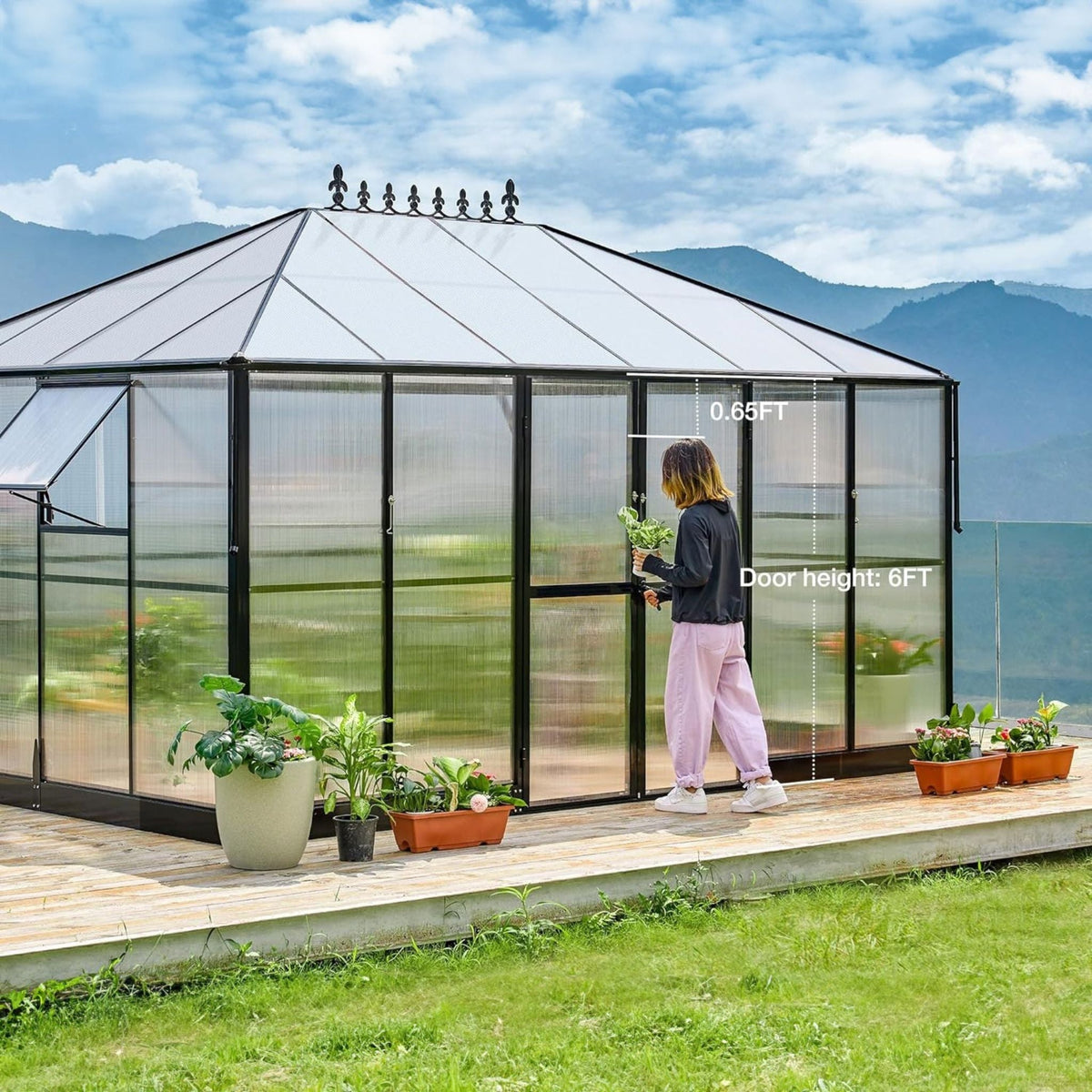 10X14FT Premium Outdoor Polycarbonate Greenhouse With Aluminum Frame And Double Swing Doors (SAK23168)