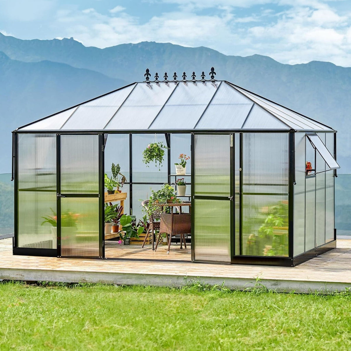 10X14FT Premium Outdoor Polycarbonate Greenhouse With Aluminum Frame And Double Swing Doors (SAK23168)