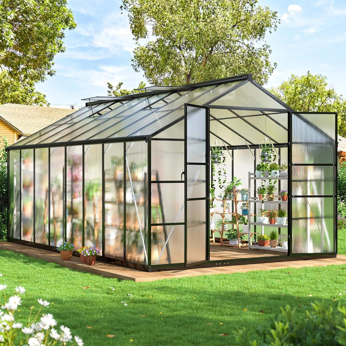 10X16FT Premium Walk-In Polycarbonate Greenhouse With Aluminum Frame (SAK49173)