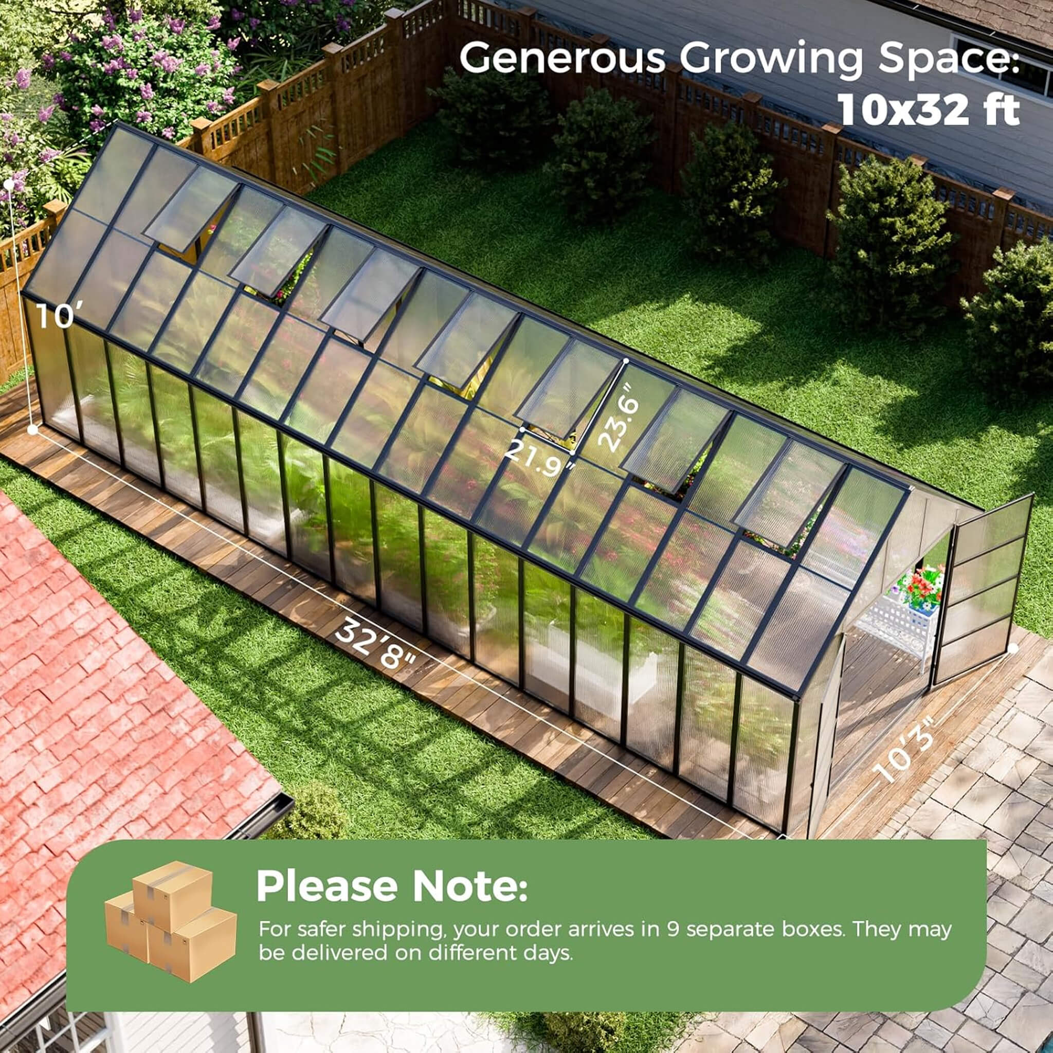 10X32FT Heavy-Duty Outdoor Aluminum Polycarbonate Greenhouse With Roof Vents And Swing Doors, 4MM