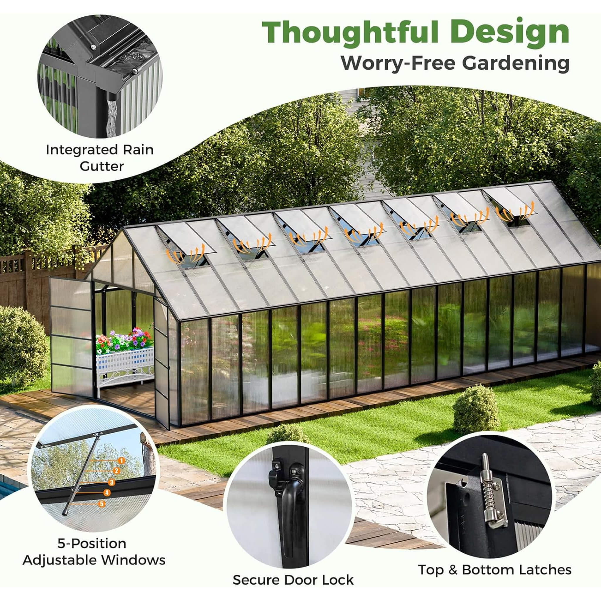 10X32FT Heavy-Duty Outdoor Aluminum Polycarbonate Greenhouse With Roof Vents And Swing Doors, 4MM