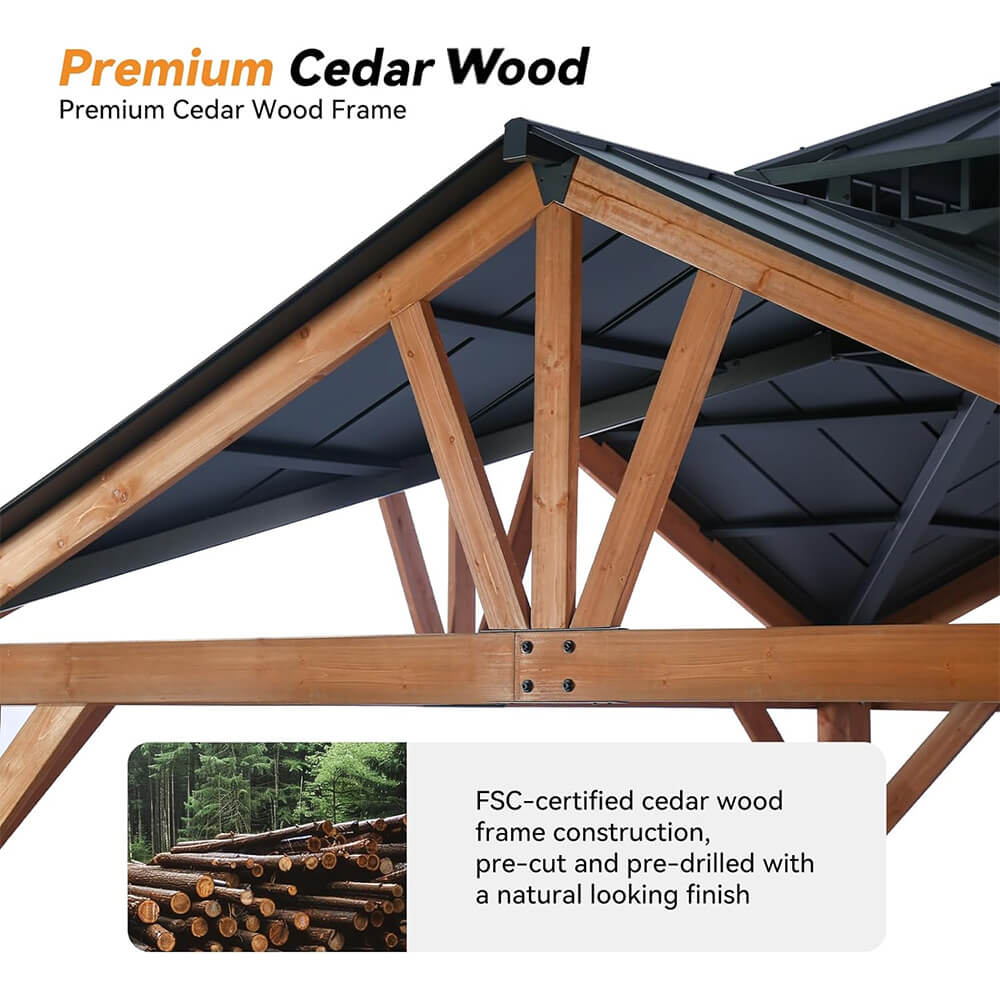 12X12FT Alora Premium Outdoor Cedar Wood Hardtop Gazebo With Galvanized Steel Roof