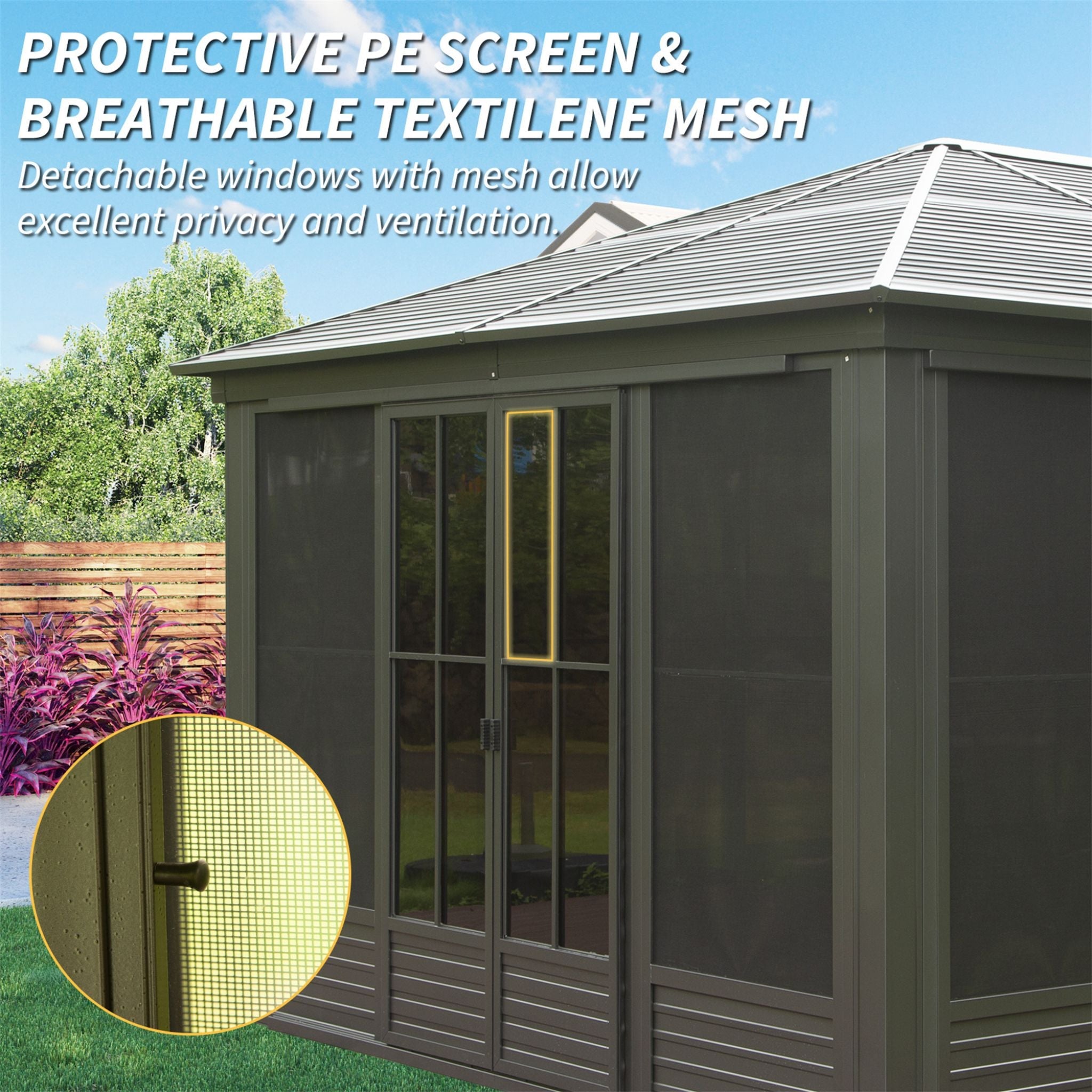 12X14FT Alora Premium All-Weather Outdoor Aluminum Sunroom With Galvanized Steel Hardtop Sloping Roof, Lockable Doors, And Moveable PC Screens (SAK76831)