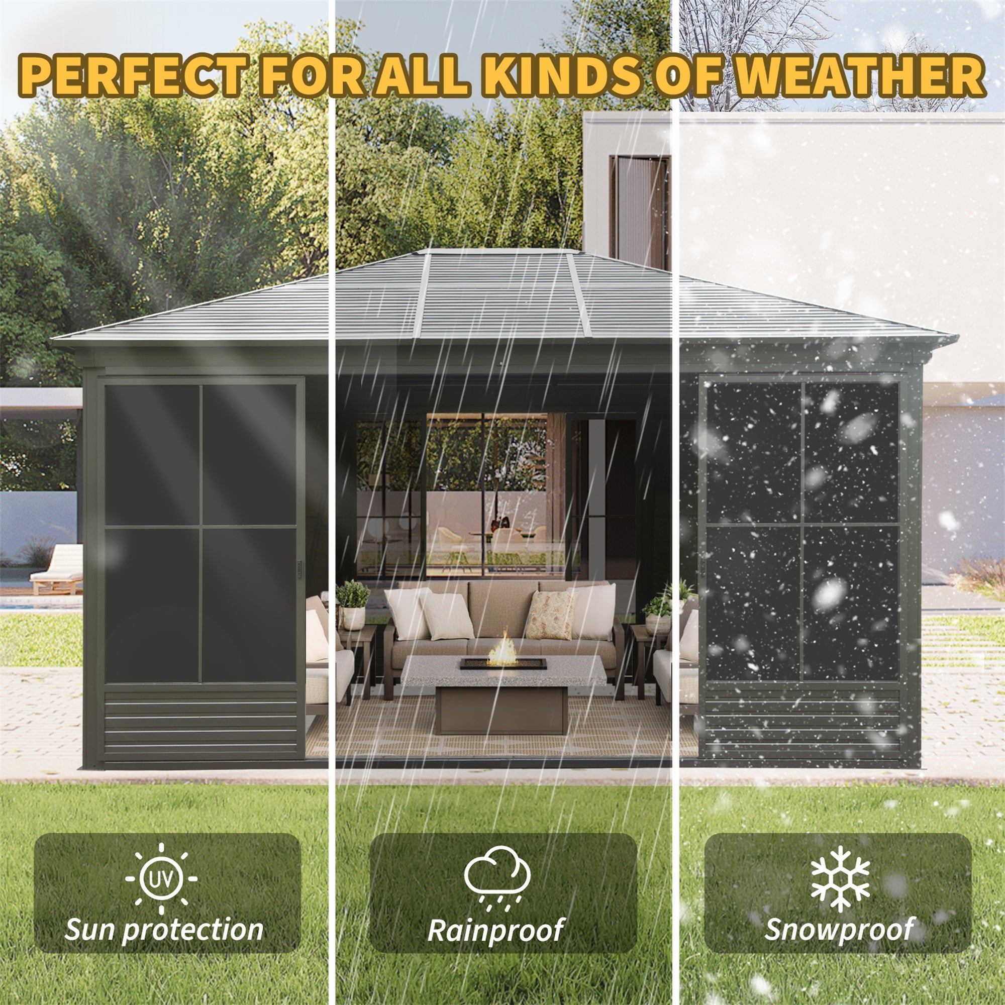12X14FT Alora Premium All-Weather Outdoor Aluminum Sunroom With Galvanized Steel Hardtop Sloping Roof, Lockable Doors, And Moveable PC Screens (SAK76831)