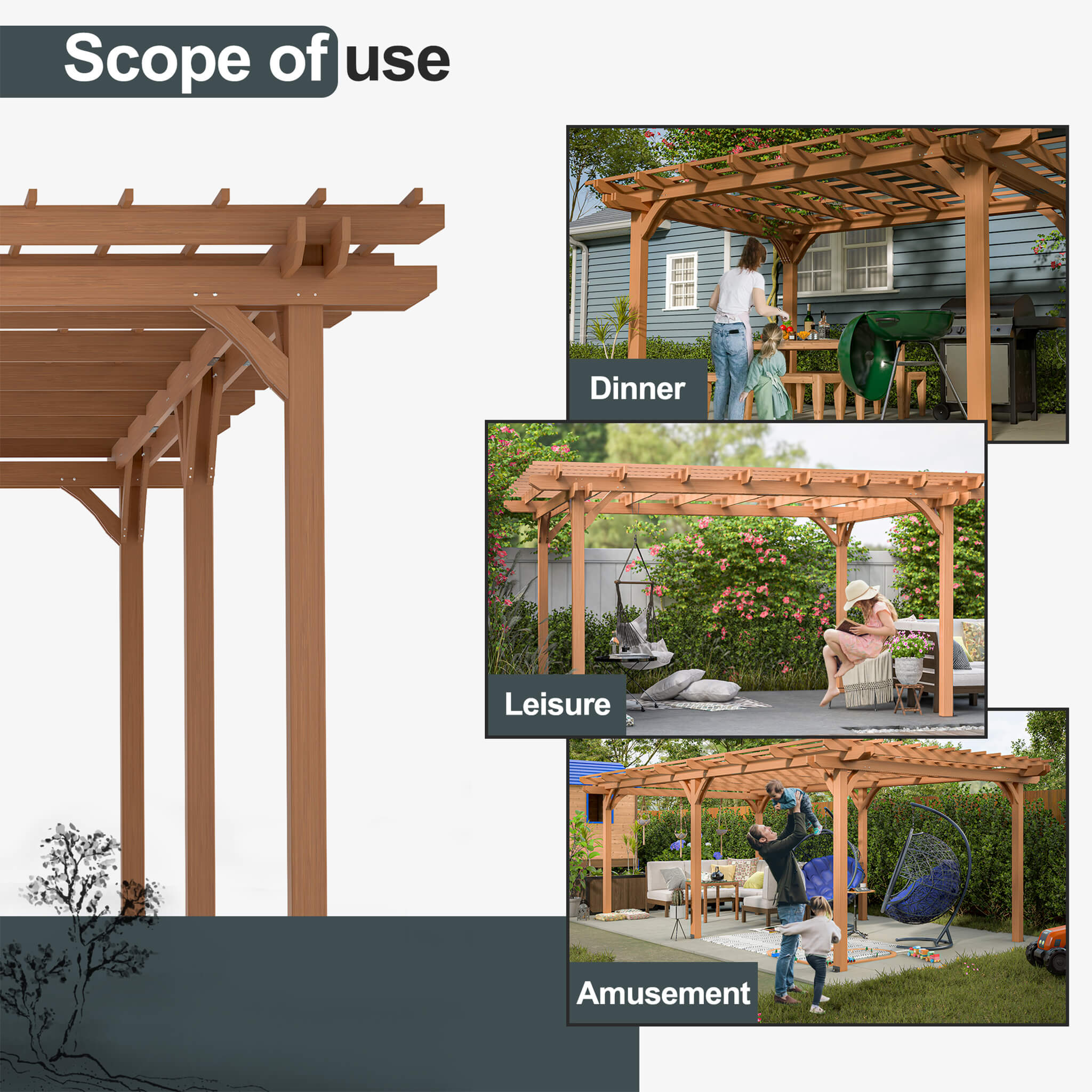 12X16FT Alora Extra Large Outdoor Wooden Waterproof Grape Pergola (SAK76476)