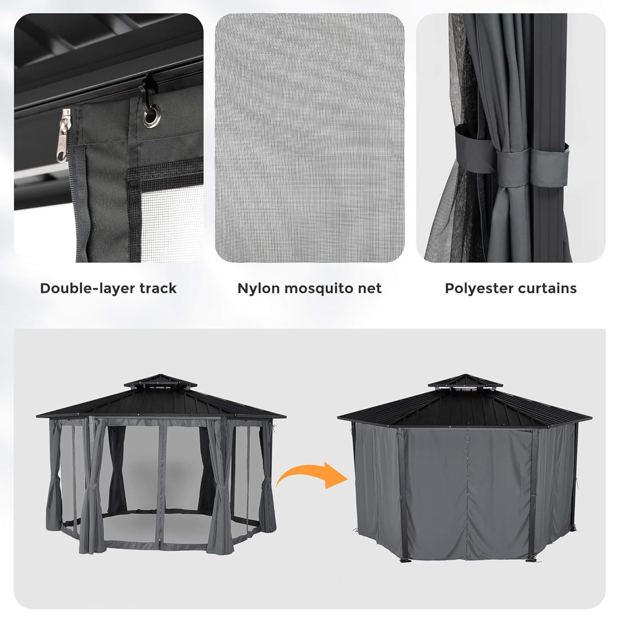 13X15FT Alora Hardtop Hexagonal Gazebo With Curtains And Netting [No Furniture]