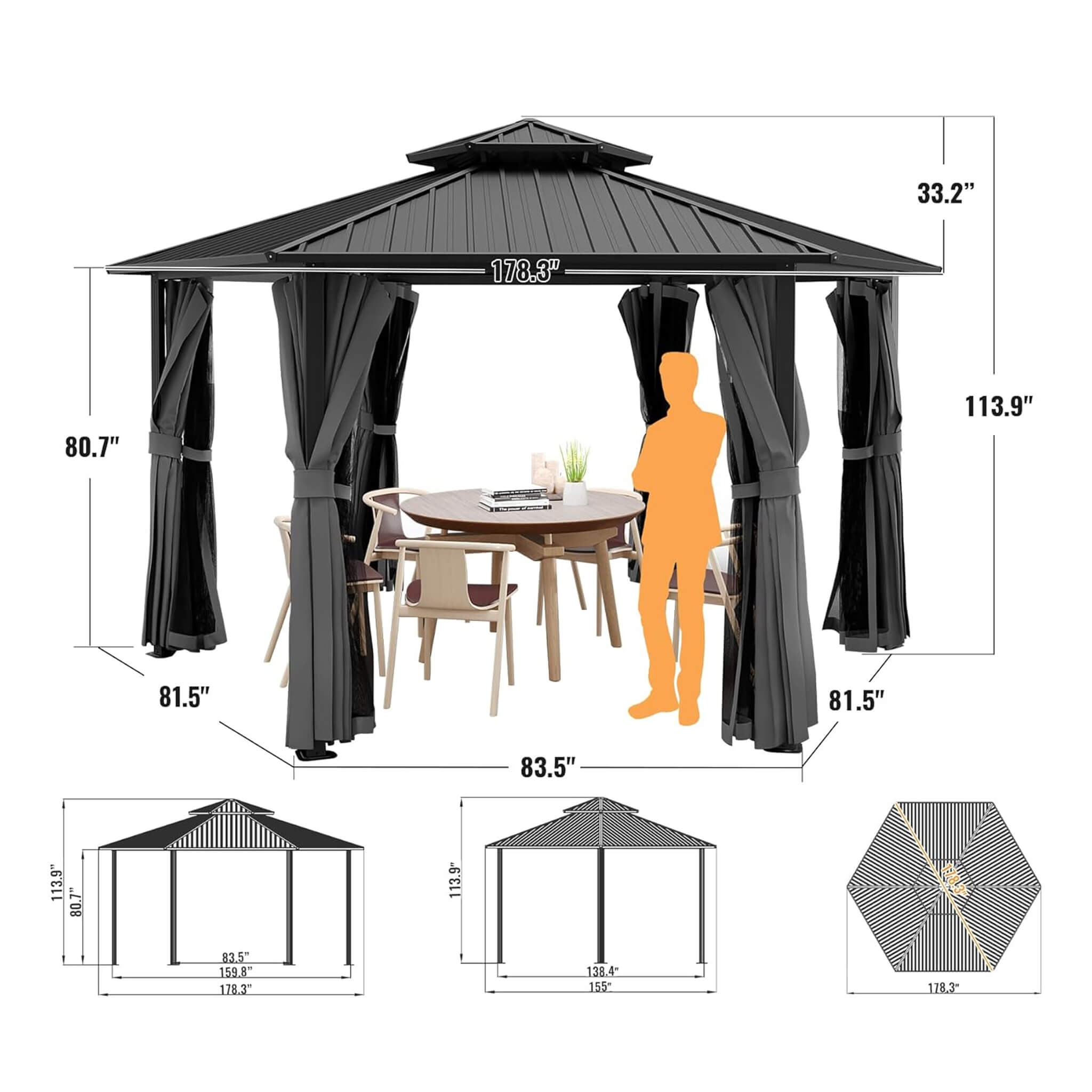 13X15FT Alora Hardtop Hexagonal Gazebo With Curtains And Netting [No Furniture]