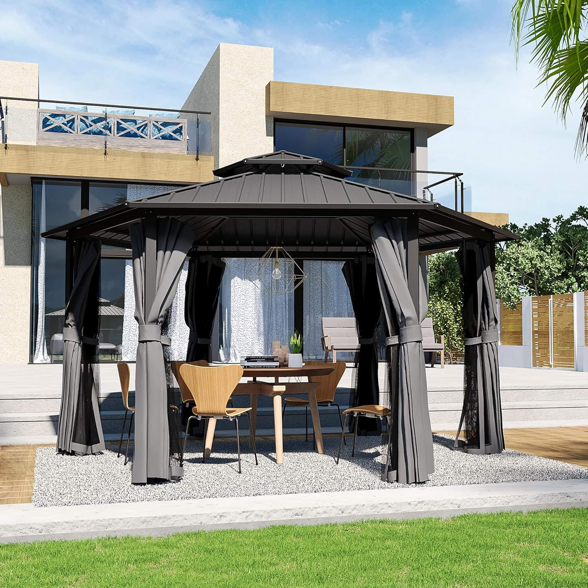 13X15FT Alora Hardtop Hexagonal Gazebo With Curtains And Netting [No Furniture]