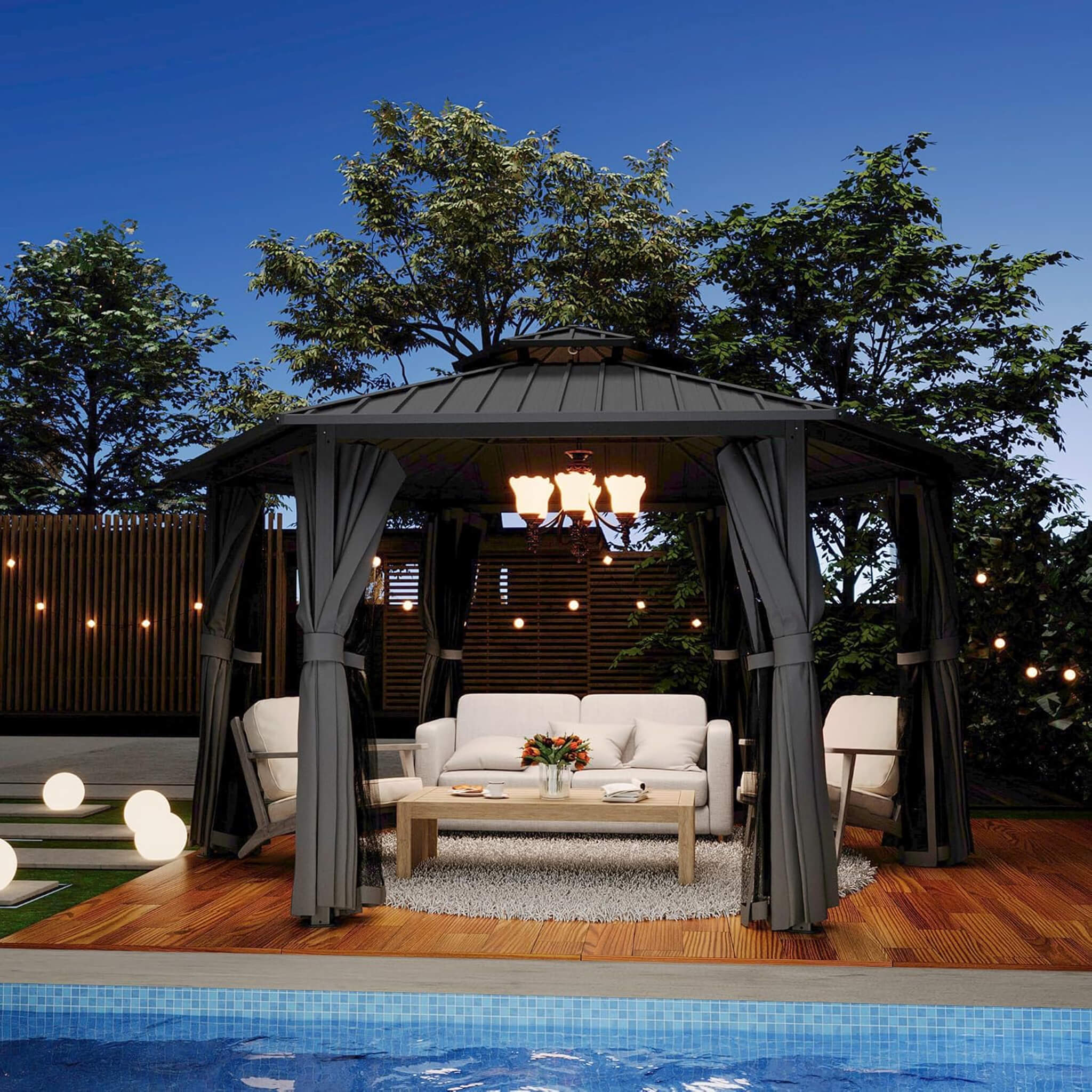 13X15FT Alora Hardtop Hexagonal Gazebo With Curtains And Netting [No Furniture]