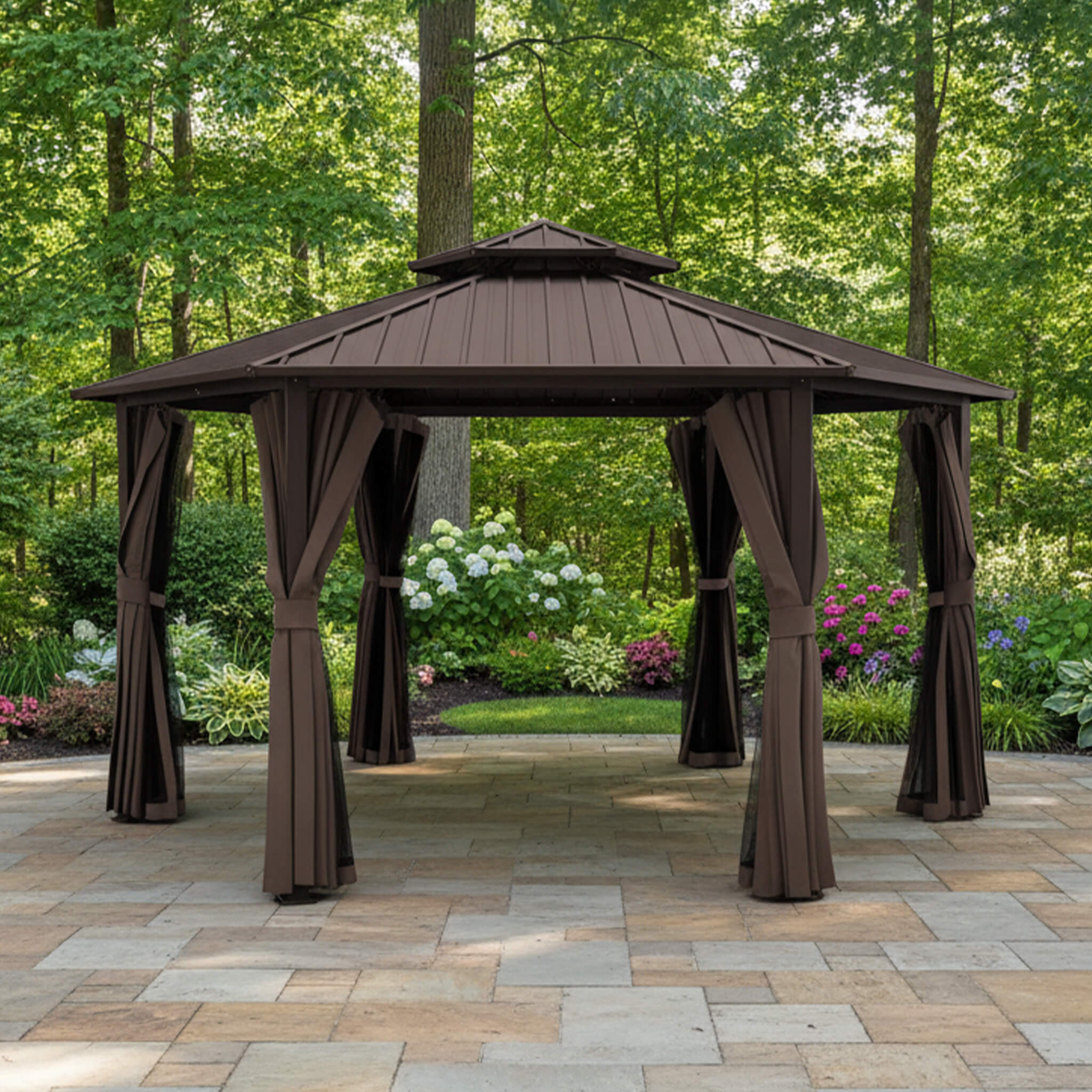 13X15FT Alora Hardtop Hexagonal Gazebo With Curtains And Netting [No Furniture]