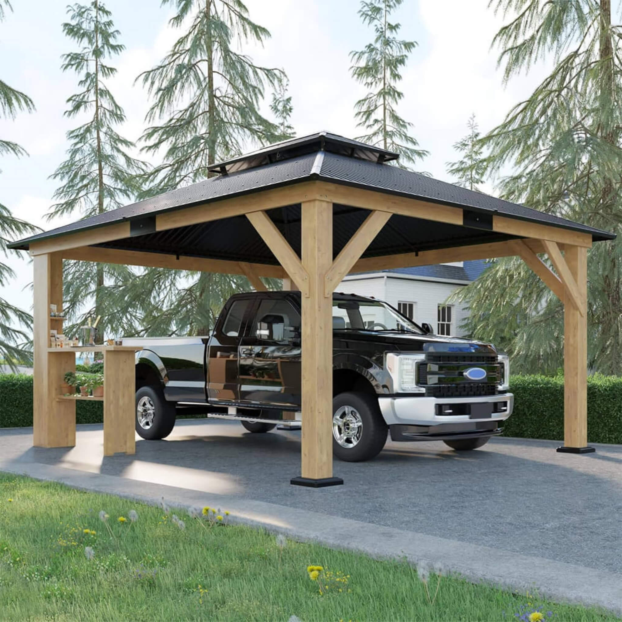 13X15FT Alora Premium Outdoor All-Season Wooden Cedar Hardtop Gazebo Carport With Double Iron Roof (SAK35187)