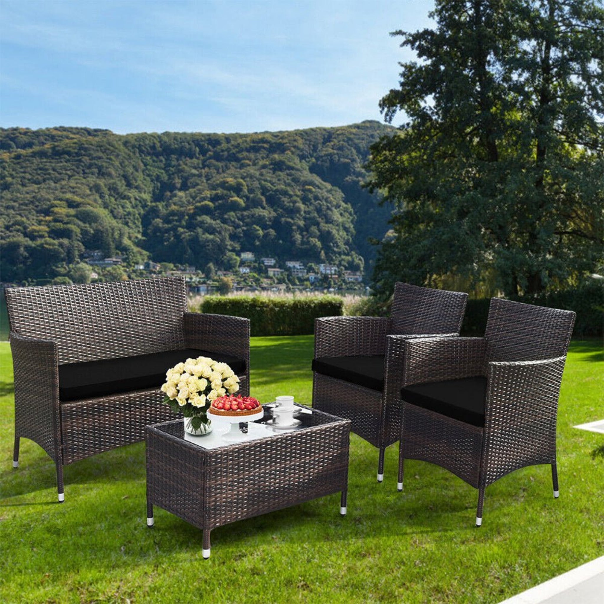 Alora 4-Piece Outdoor Rattan Patio Furniture Set With Cushions & Coffee Table