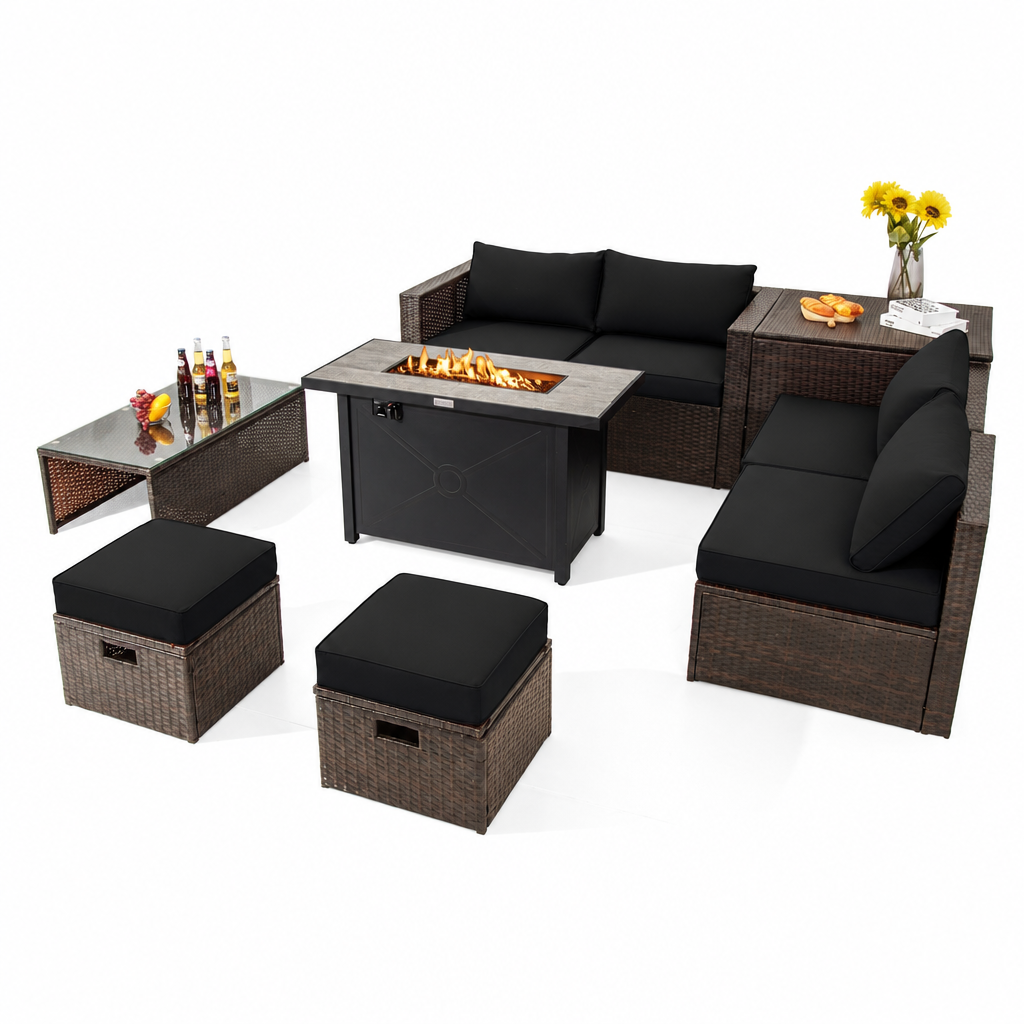 9 Pieces Outdoor Patio Furniture Set with 42 Inch Propane Fire Pit Table