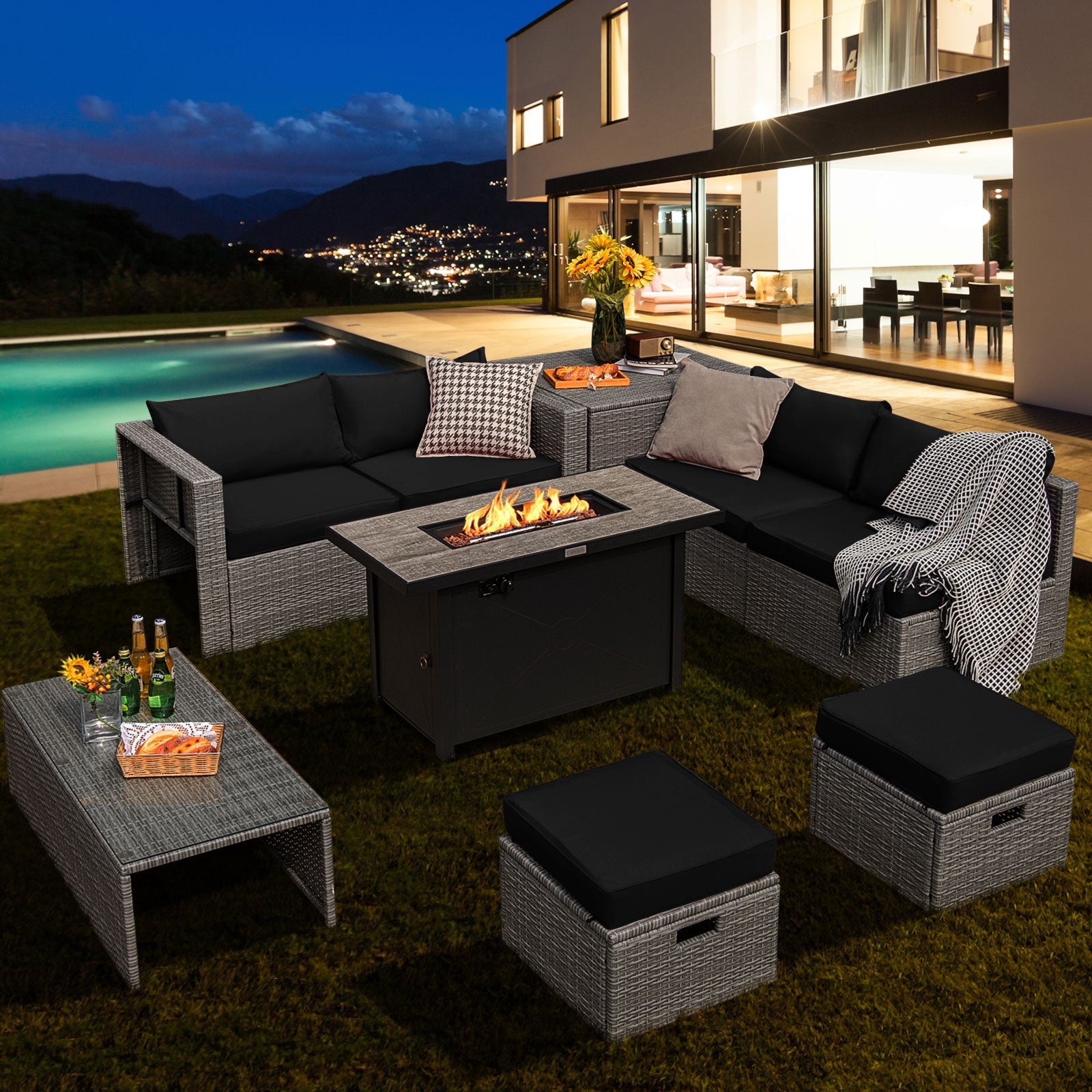 9 Piece Outdoor Wicker Patio Furniture Set with 60,000 BTU Fire Pit Table and Waterproof Covers