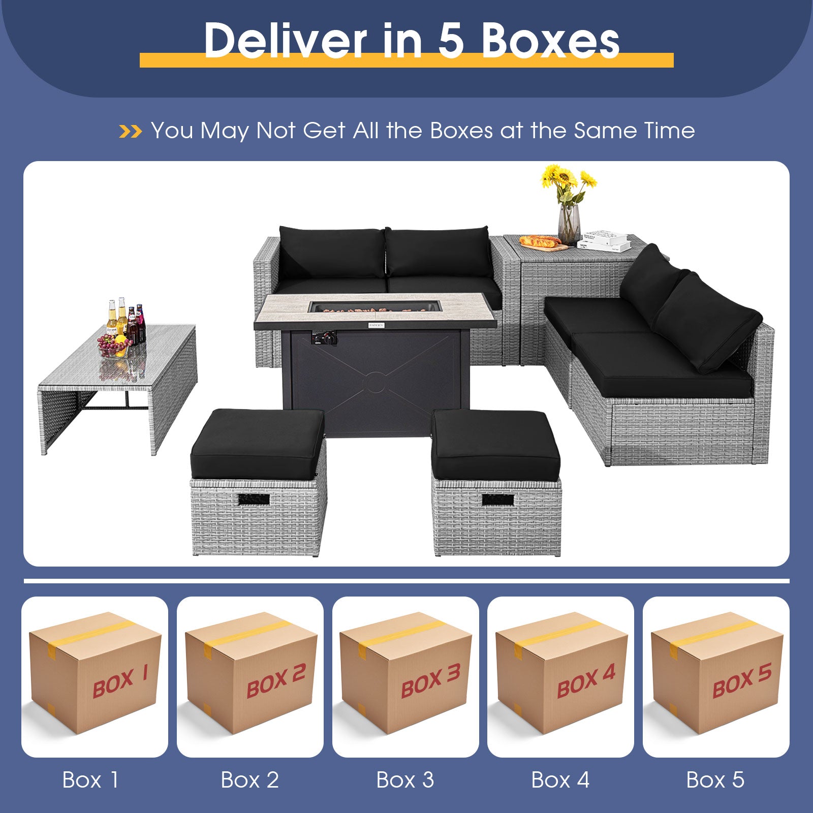 9 Piece Outdoor Wicker Patio Furniture Set with 60,000 BTU Fire Pit Table and Waterproof Covers