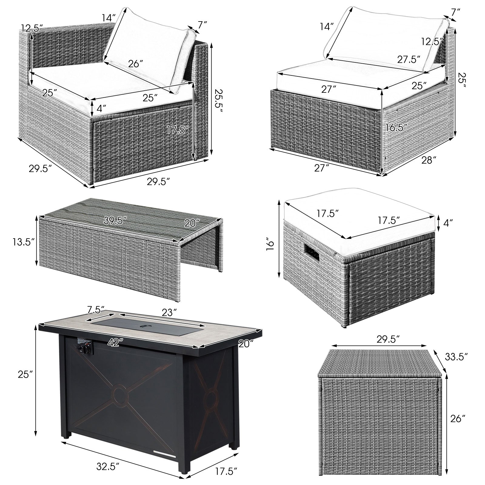 9 Piece Outdoor Wicker Patio Furniture Set with 60,000 BTU Fire Pit Table and Waterproof Covers