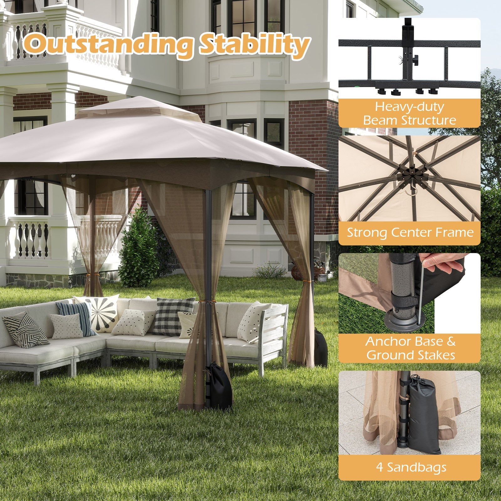 10 X 10 FT Heavy-Duty Patio Gazebo with Netting Walls and 4 Sandbags