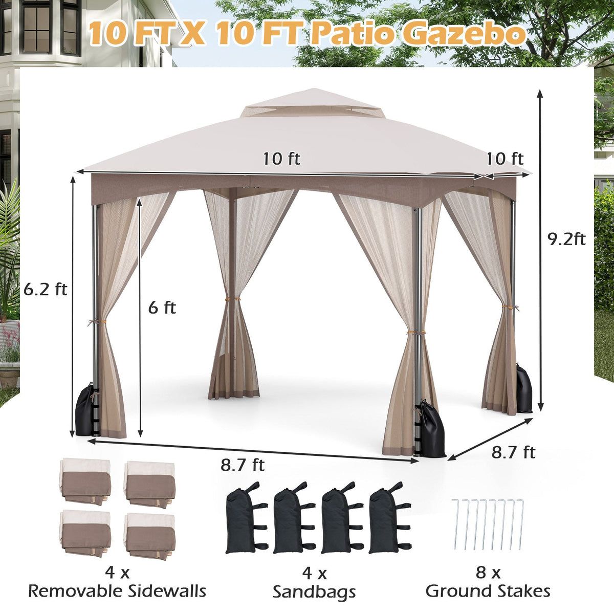 10 X 10 FT Heavy-Duty Patio Gazebo with Netting Walls and 4 Sandbags