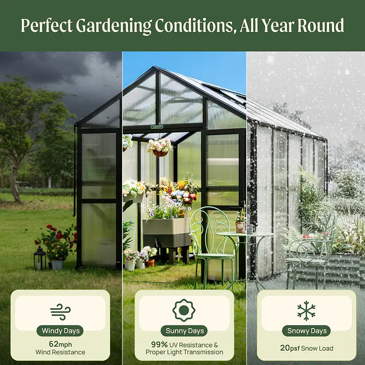 Vego Victorian Greenhouse -Glass Walls, Polycarbonate Roof- 8.5ft Wide