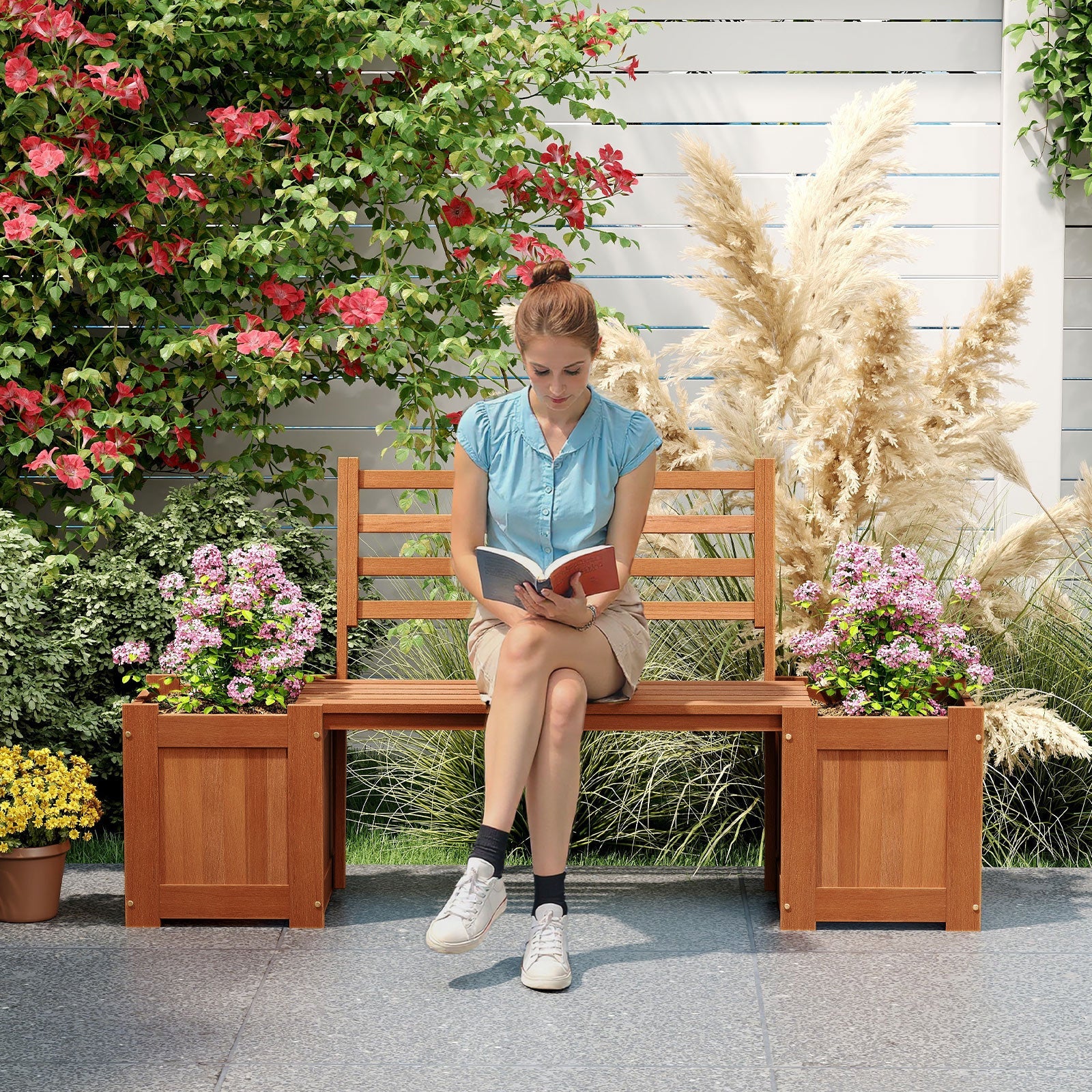 Wood Planter Box with Bench and Backrest for Garden Yard Balcony