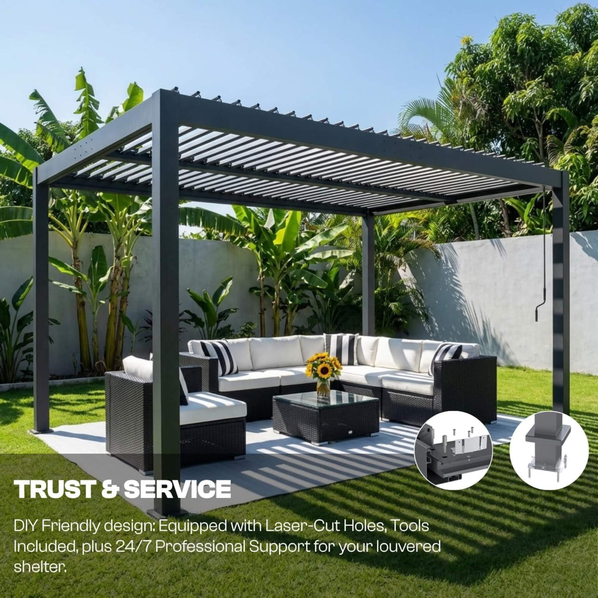 Aluminum Louvered Pergola Kit with Adjustable Roof & Drainage