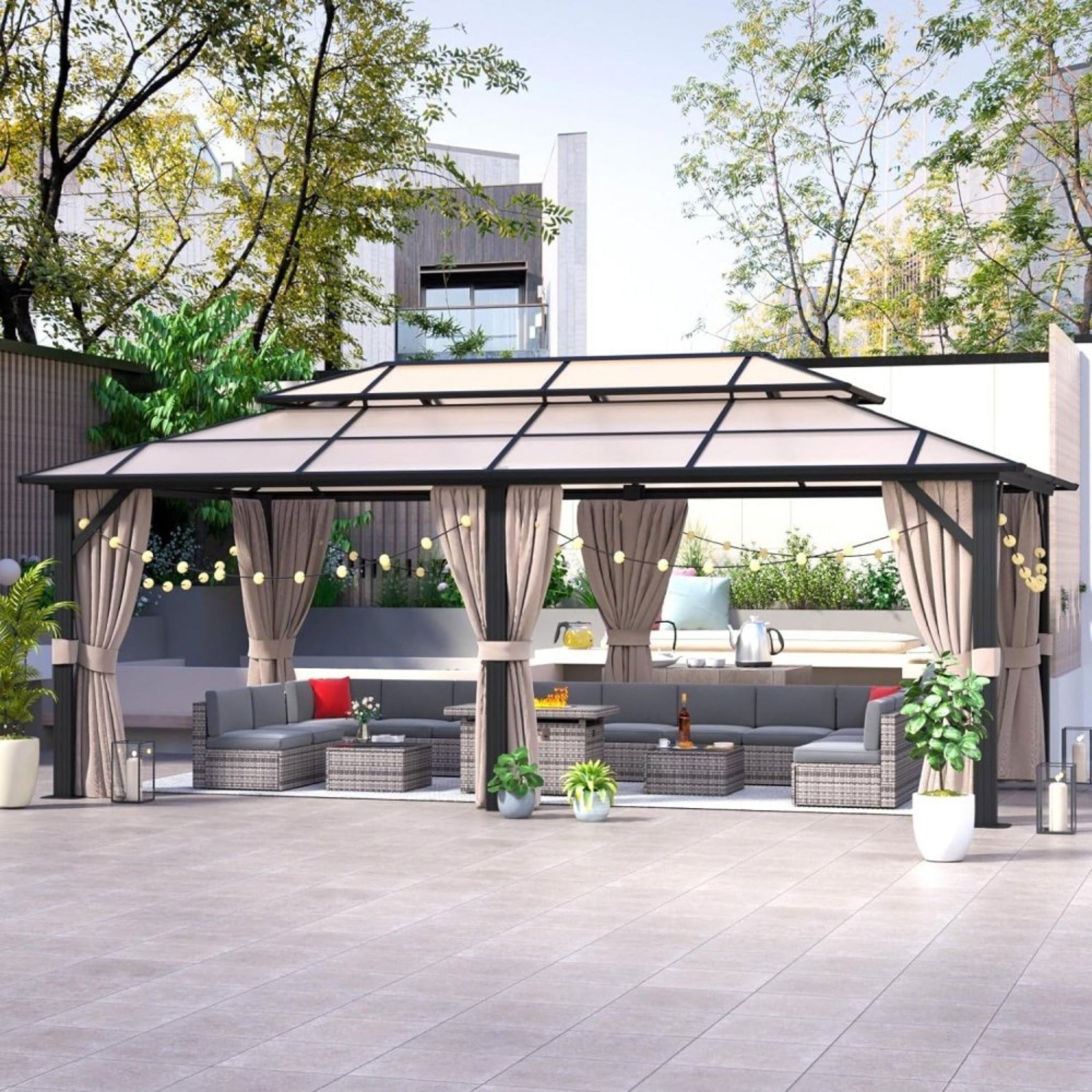 12X20FT Alora Premium Aluminum Outdoor Polycarbonate Hardtop Gazebo With UV Protection, Netting & Curtains (96815273)
