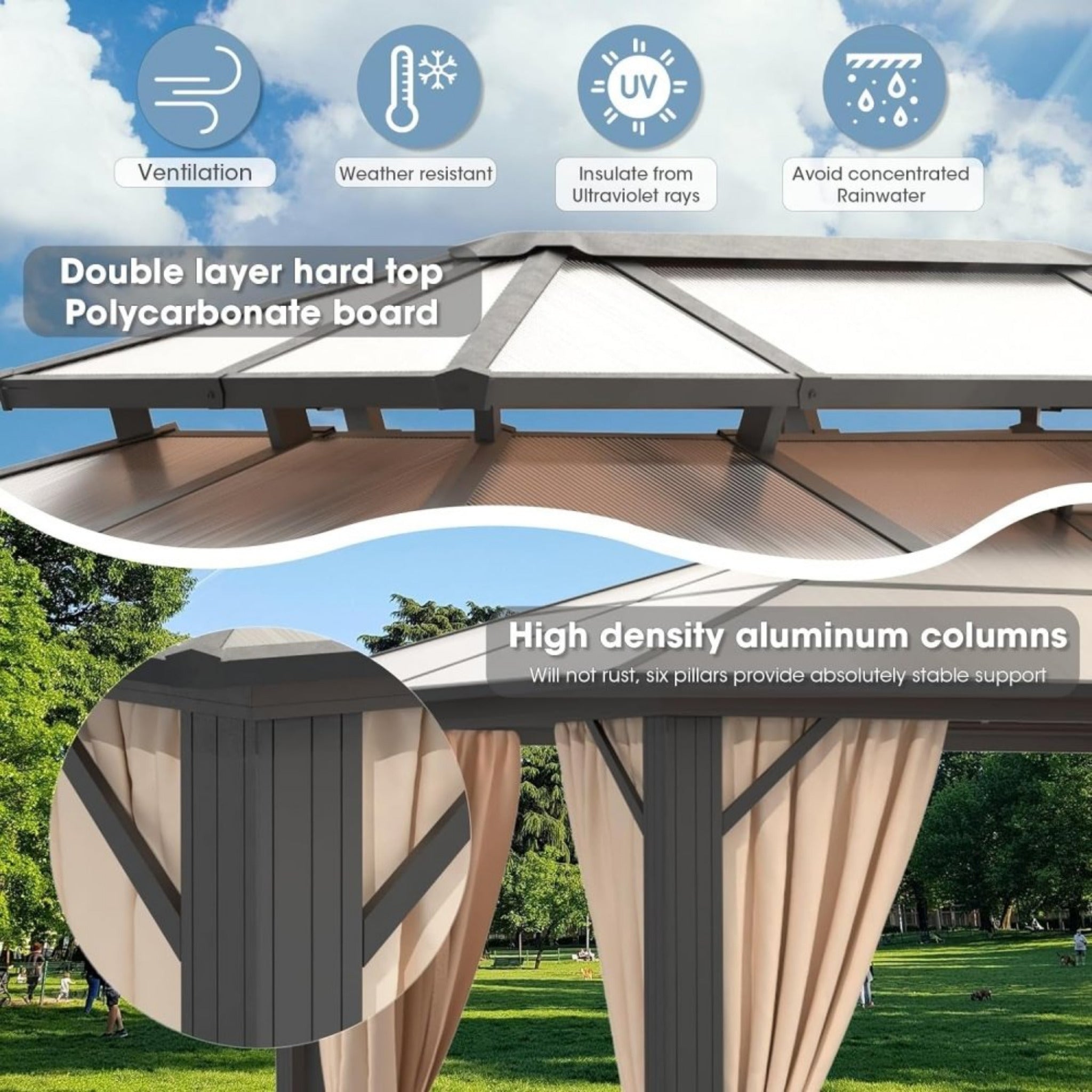 12X20FT Alora Premium Aluminum Outdoor Polycarbonate Hardtop Gazebo With UV Protection, Netting & Curtains (96815273)