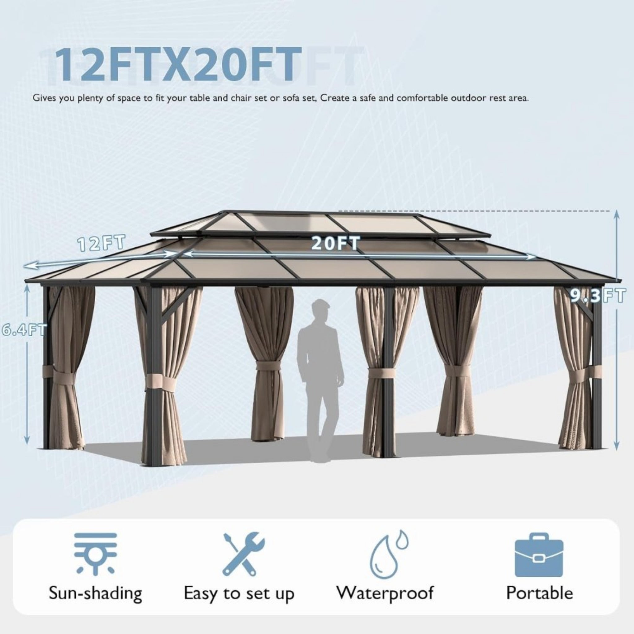 12X20FT Alora Premium Aluminum Outdoor Polycarbonate Hardtop Gazebo With UV Protection, Netting & Curtains (96815273)