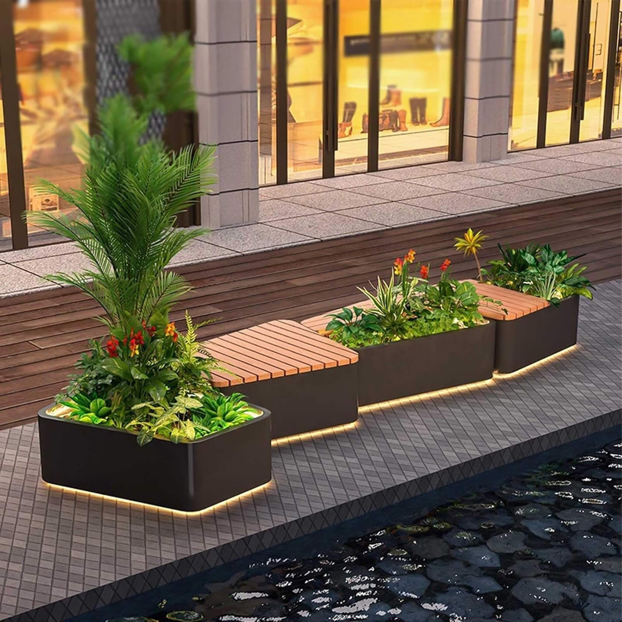 Heavy-Duty Commercial Outdoor Stainless Steel Bench With Wood Seat And Planter Box [Made To Order]