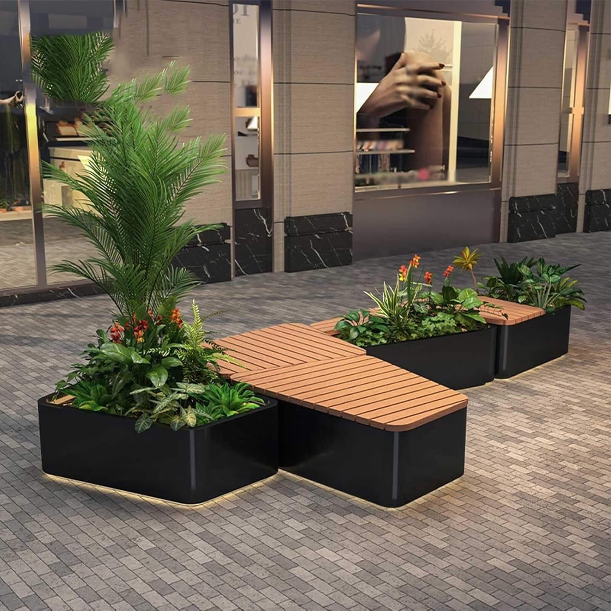 Heavy-Duty Commercial Outdoor Stainless Steel Bench With Wood Seat And Planter Box [Made To Order]