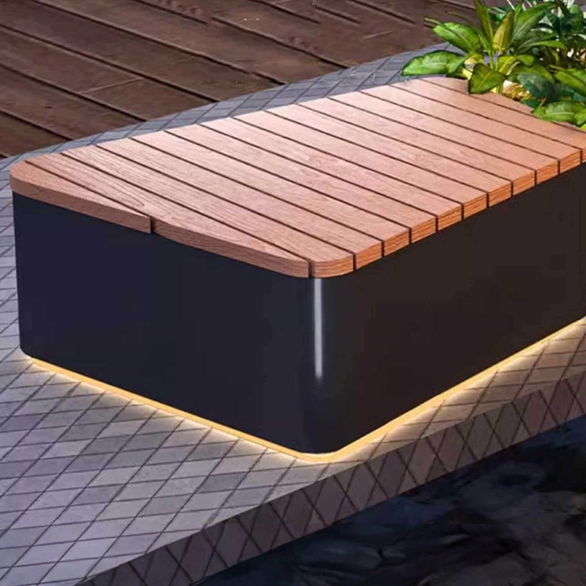 Heavy-Duty Commercial Outdoor Stainless Steel Bench With Wood Seat And Planter Box [Made To Order]