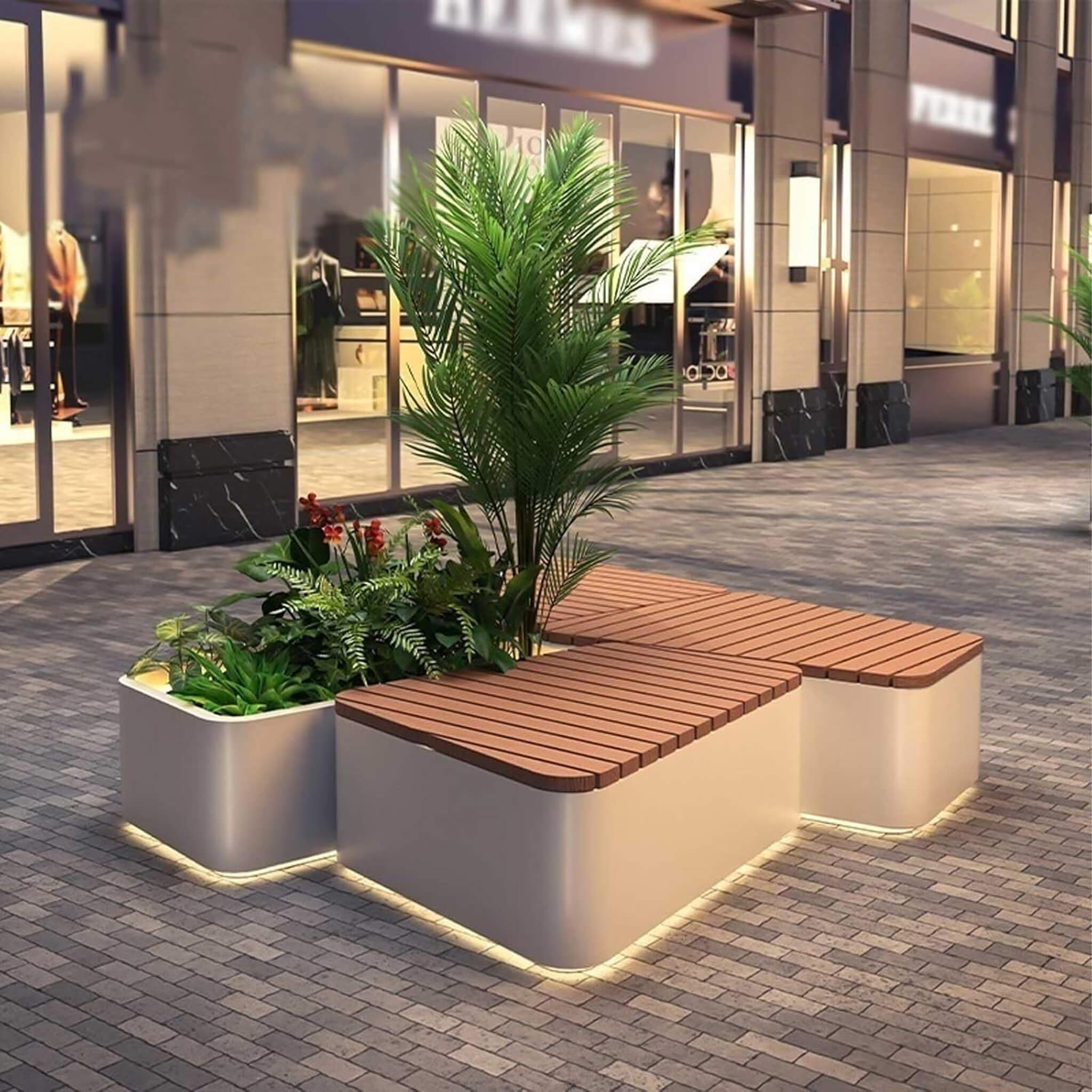 Heavy-Duty Commercial Outdoor Stainless Steel Bench With Wood Seat And Planter Box [Made To Order]