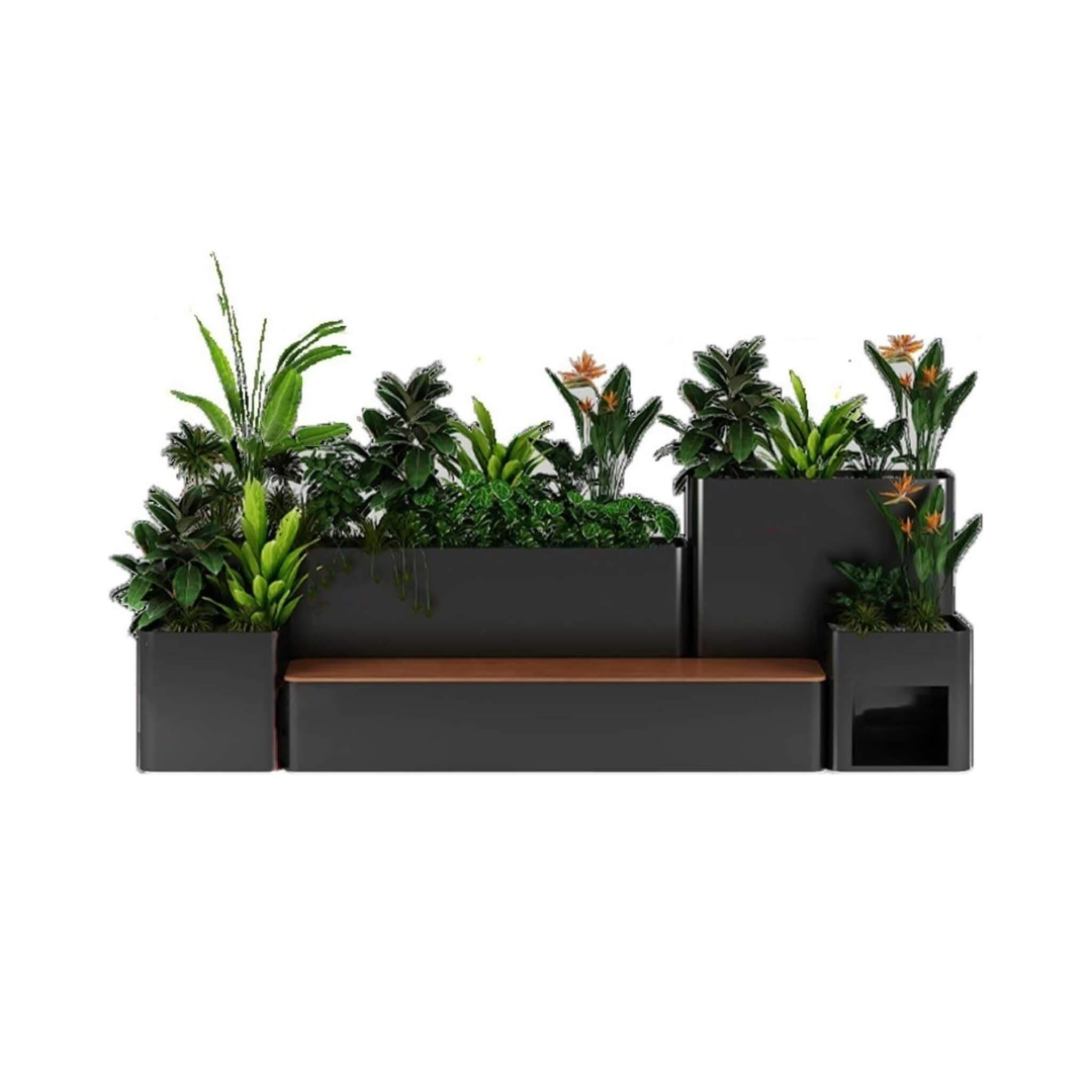 10FT Large Industrial Outdoor Flowerbox Bench With Metal Planter And Hardwood Seat [Made To Order]