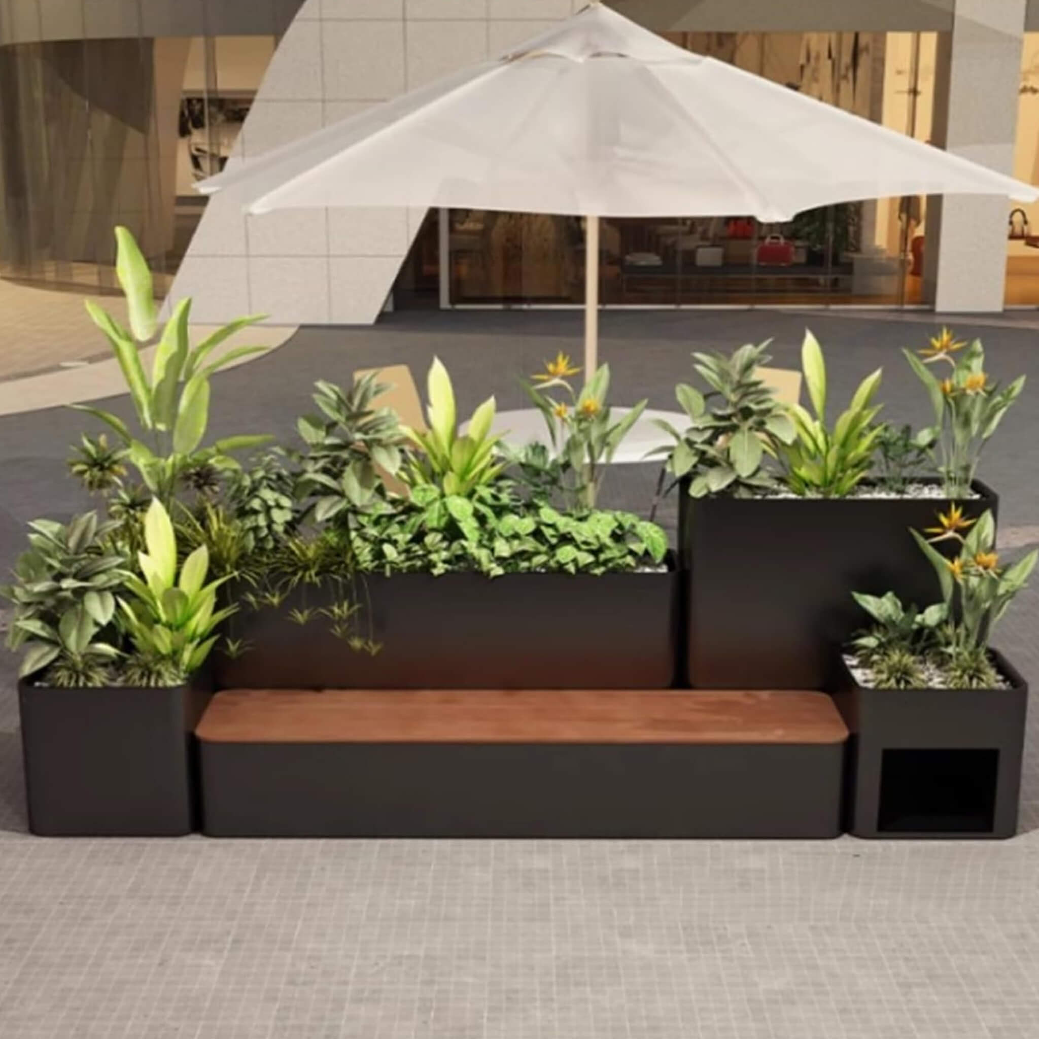 10FT Large Industrial Outdoor Flowerbox Bench With Metal Planter And Hardwood Seat [Made To Order]