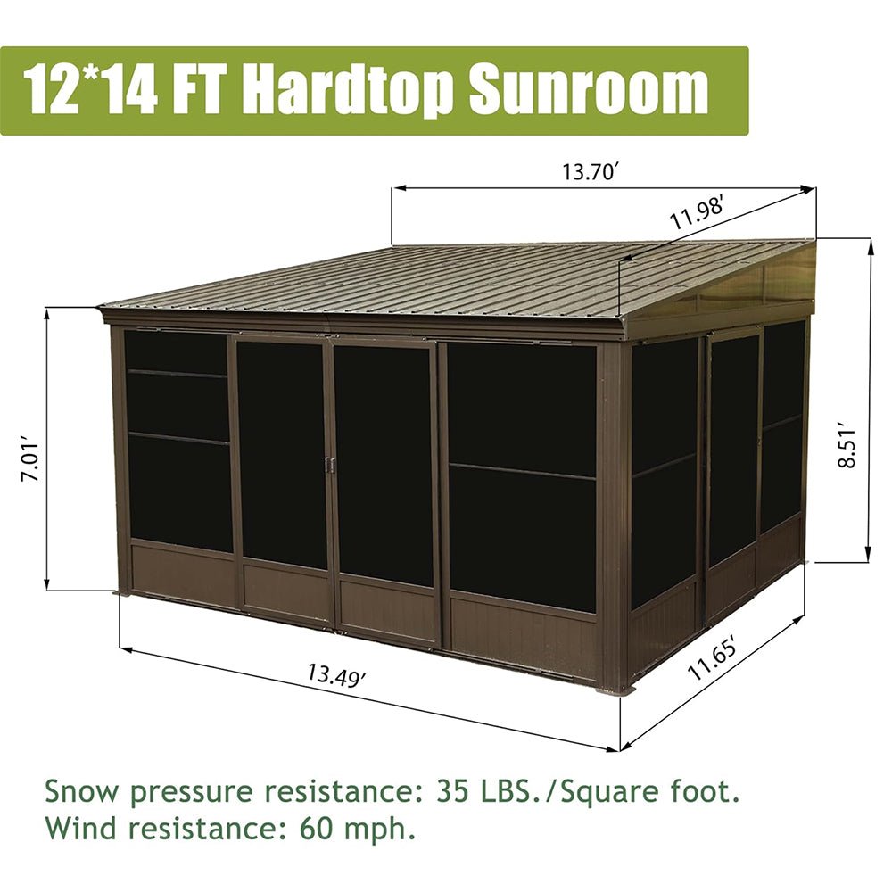 12X14FT Large Outdoor All-Season Wall Mounted Sunroom Solarium With Galvanized Steel Roof & Moveable PVC Screen (SAK46475)