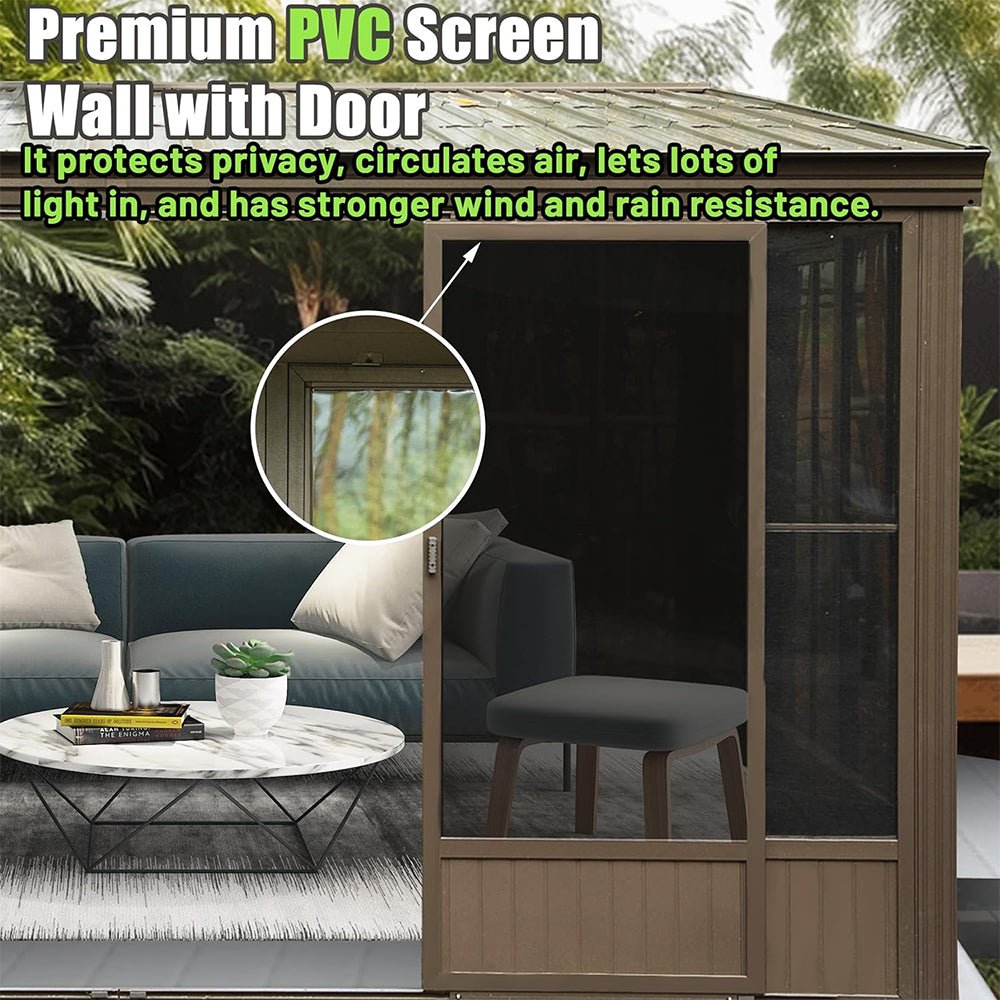 12X14FT Large Outdoor All-Season Wall Mounted Sunroom Solarium With Galvanized Steel Roof & Moveable PVC Screen (SAK46475)